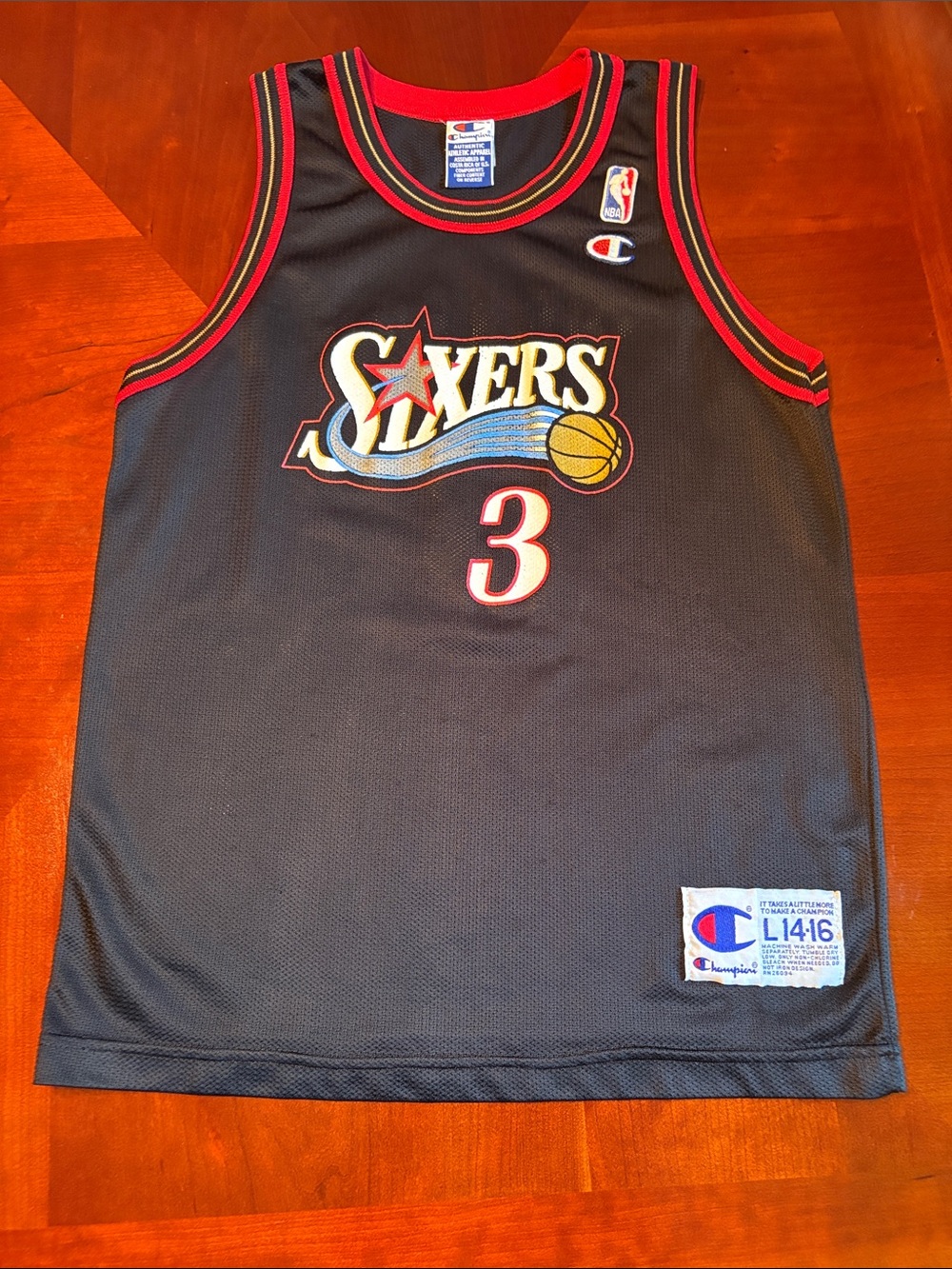 Youth Champion Black and Red Philadelphia Sixers #3 Iverson Basketball Jersey